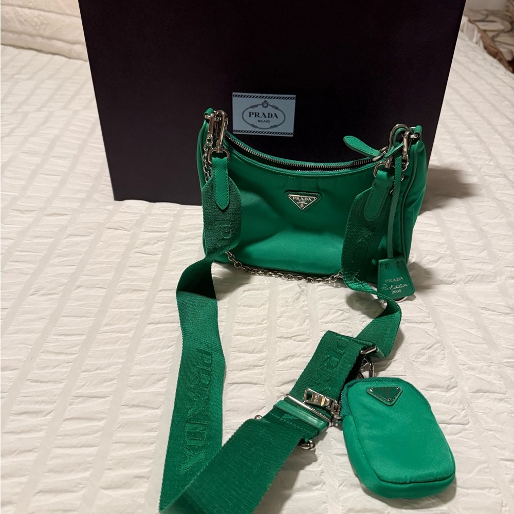 Prada Emerald Green Nylon Shoulder Bag with Chain and Detachable Strap